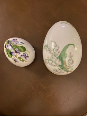 1980 Danbury Mint Violets & 1990’s Limoges Lilly of the Valley Porcelain Eggs